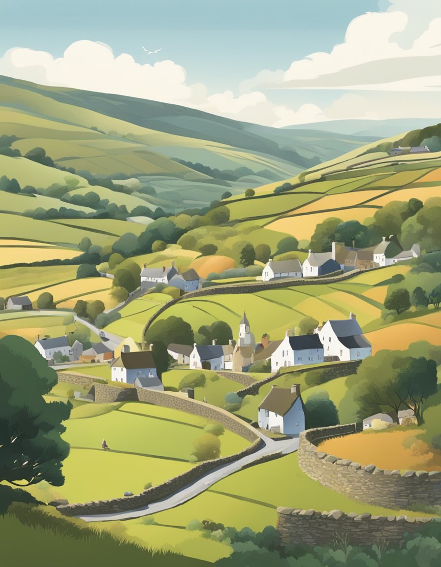 A Welsh landscape showing a typical Welsh village scene from afar