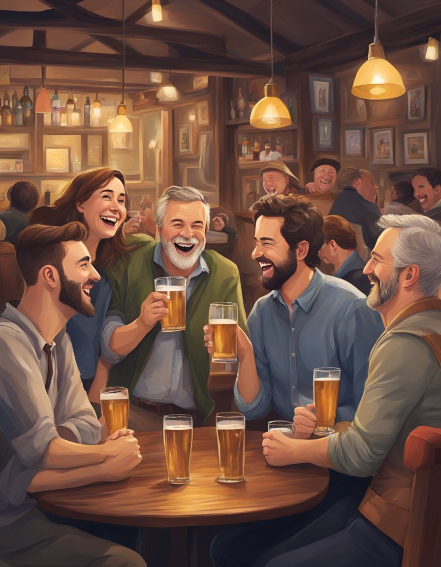 Men and woman enjoying a pint and laughing in a pub