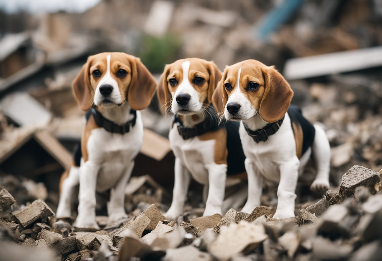 Three Beagles sitting on top of wreckage.