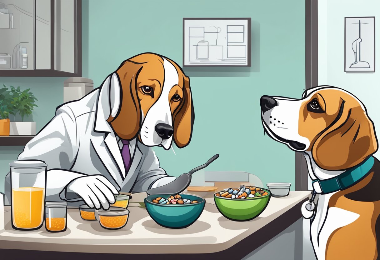 Illustration Beagle dressed as doctor prescribing medicine to another beagle.