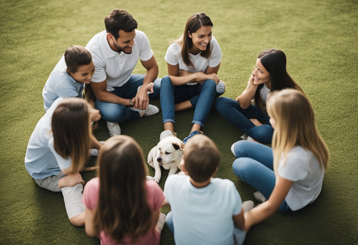 Group huddle with a dog
