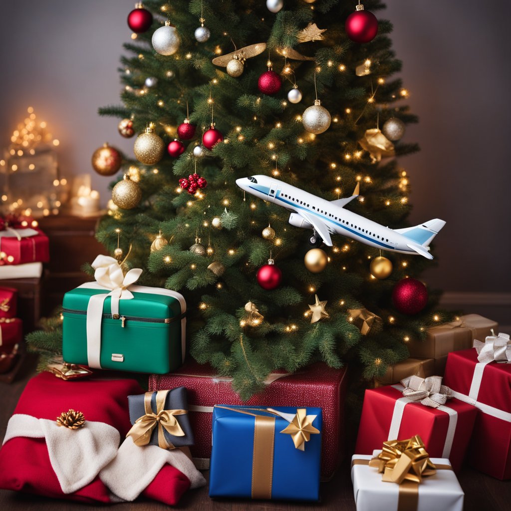 12 Must-Have Travel Essentials for Black Friday Deals! holiday gifts for travelers a christmas tree with an airplane, travel blanket suitcase