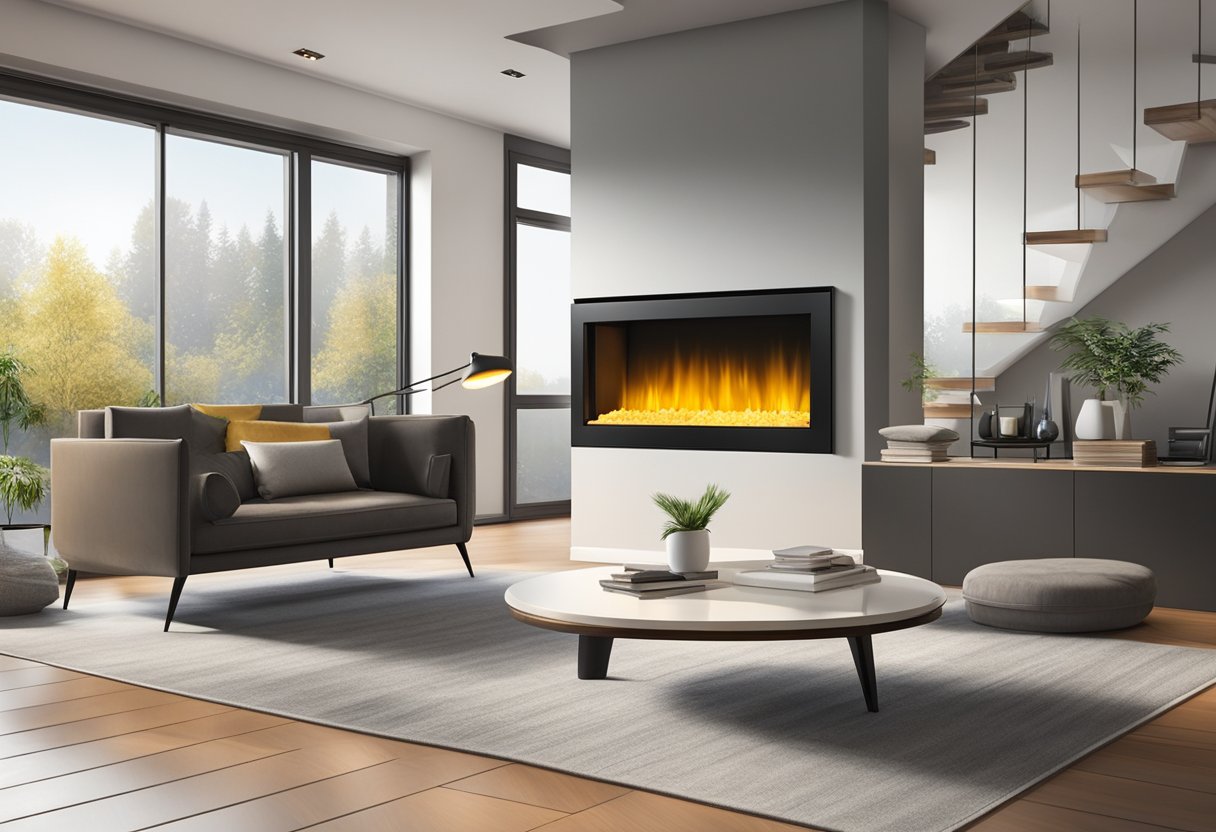 an illustration of a modern electric fireplace in a modern living area