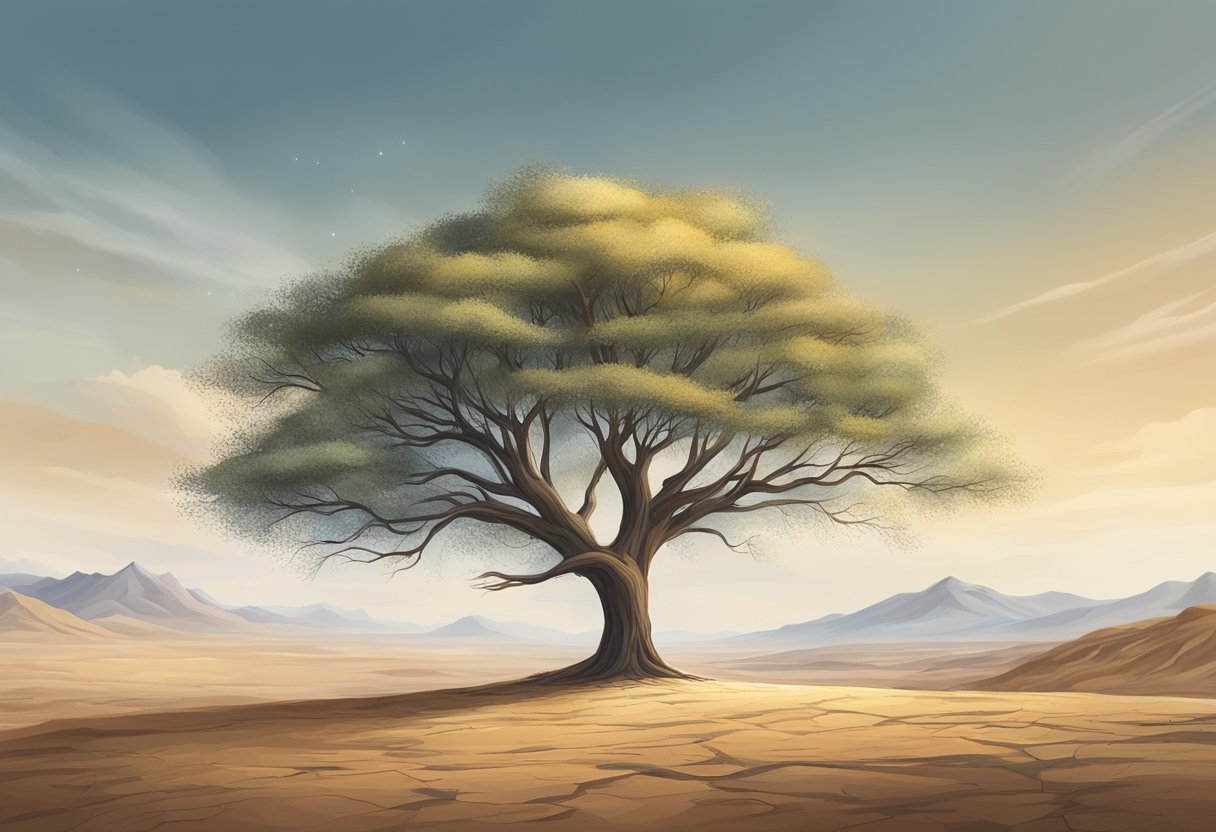 A digital landscape illustration of a beautiful large, old tree in the desert.