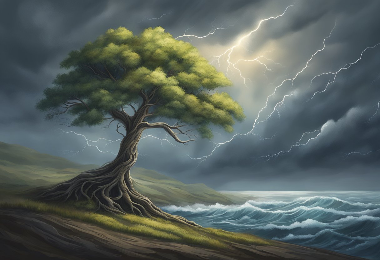 A digital Landscape of a lightning storm over an angry ocean and land at night with a tree enduring