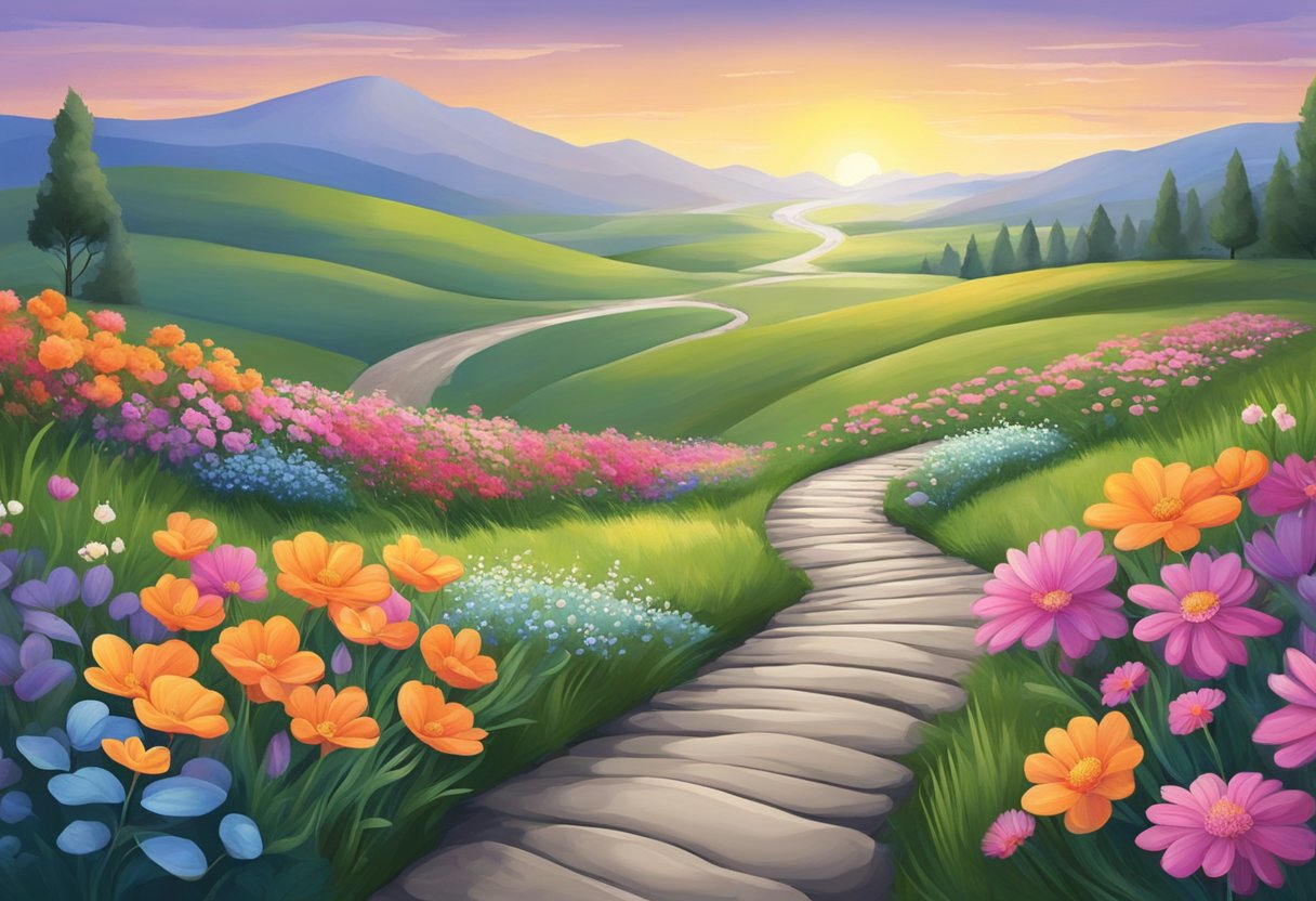 A digital Illustration of rolling meadows with flowers and a stone path winding through the middloe
