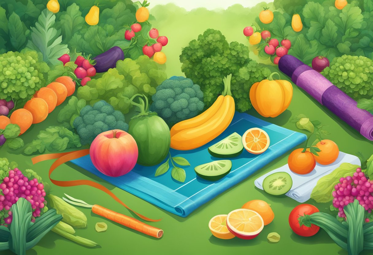 A digital illustration of a plethora of fruits and vegetables in a green picnic setting.