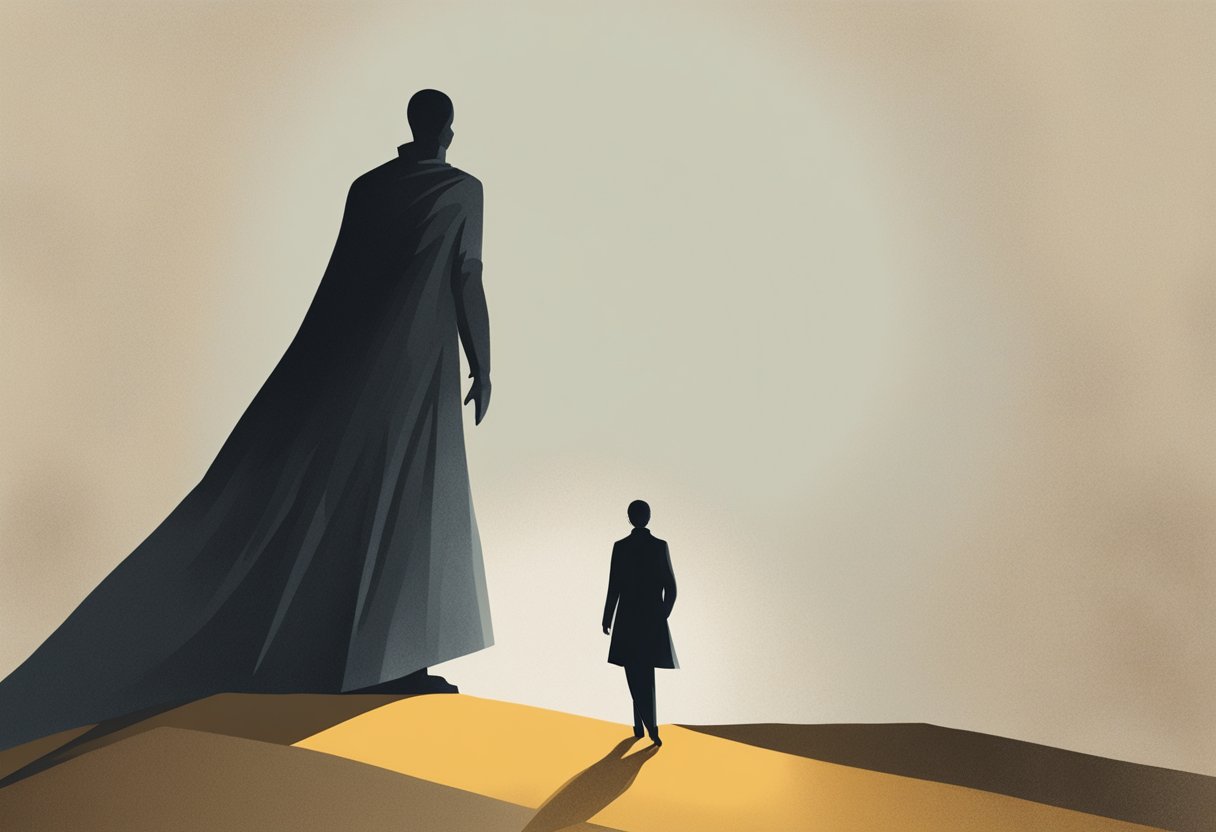 A digital modern art illustration of 2 human figures displaying a version of David and Goliath