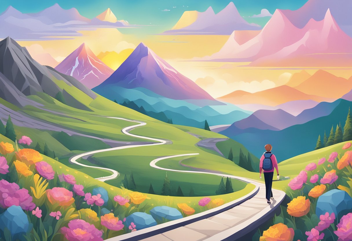 A digital landscape illustration of a person waling along a path in the mountains.