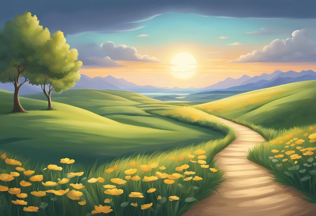 A digital landscape illustration of rolling hills with a sand path down the middle