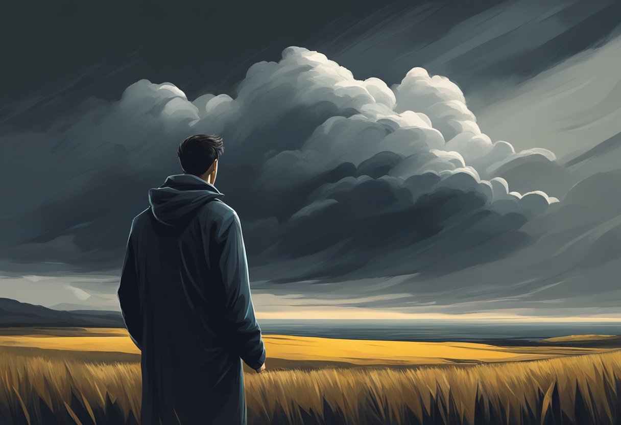 A digital illustration of a man overlooking rolling golden fields as a dark storm is blowing in.