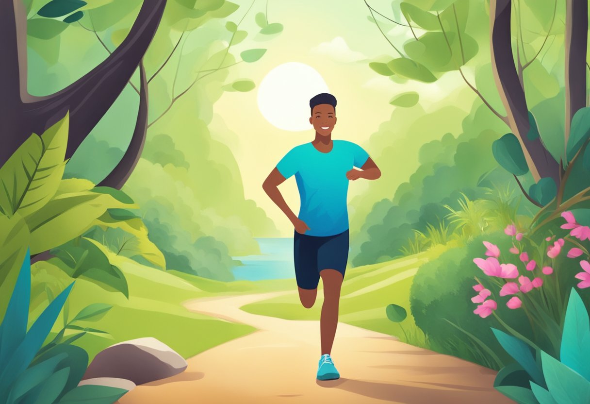A digital illustration of a man running down a pathway in a lush forest smiling!