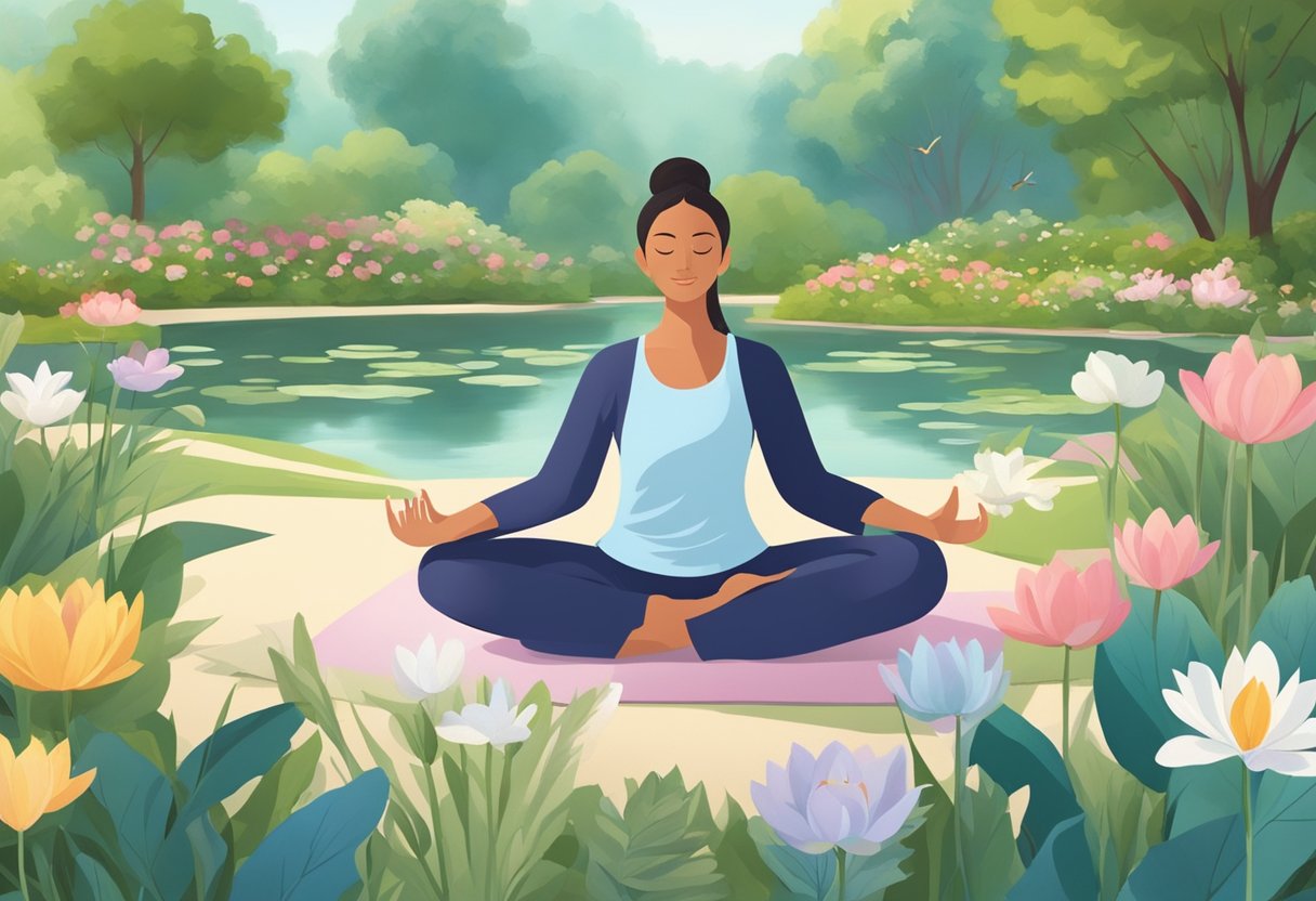 A digital illustration of a lady practicing meditation near a pond and forest in a tranquil setting