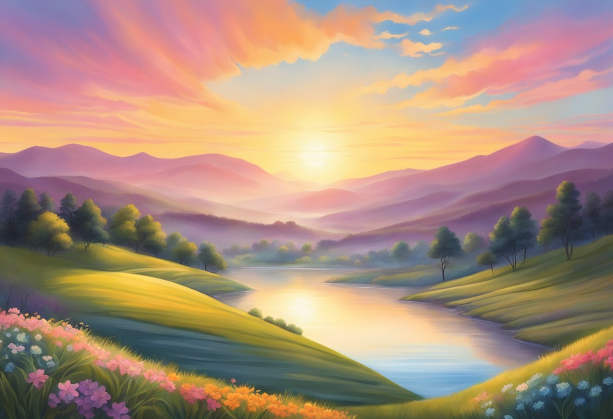 A digital illustration of a lake and rolling hills with mountains in the background at sunset.