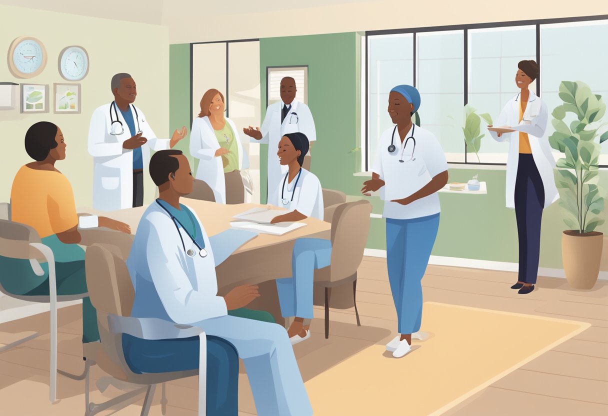A digital illustration of a room full of doctors during a morning meeting