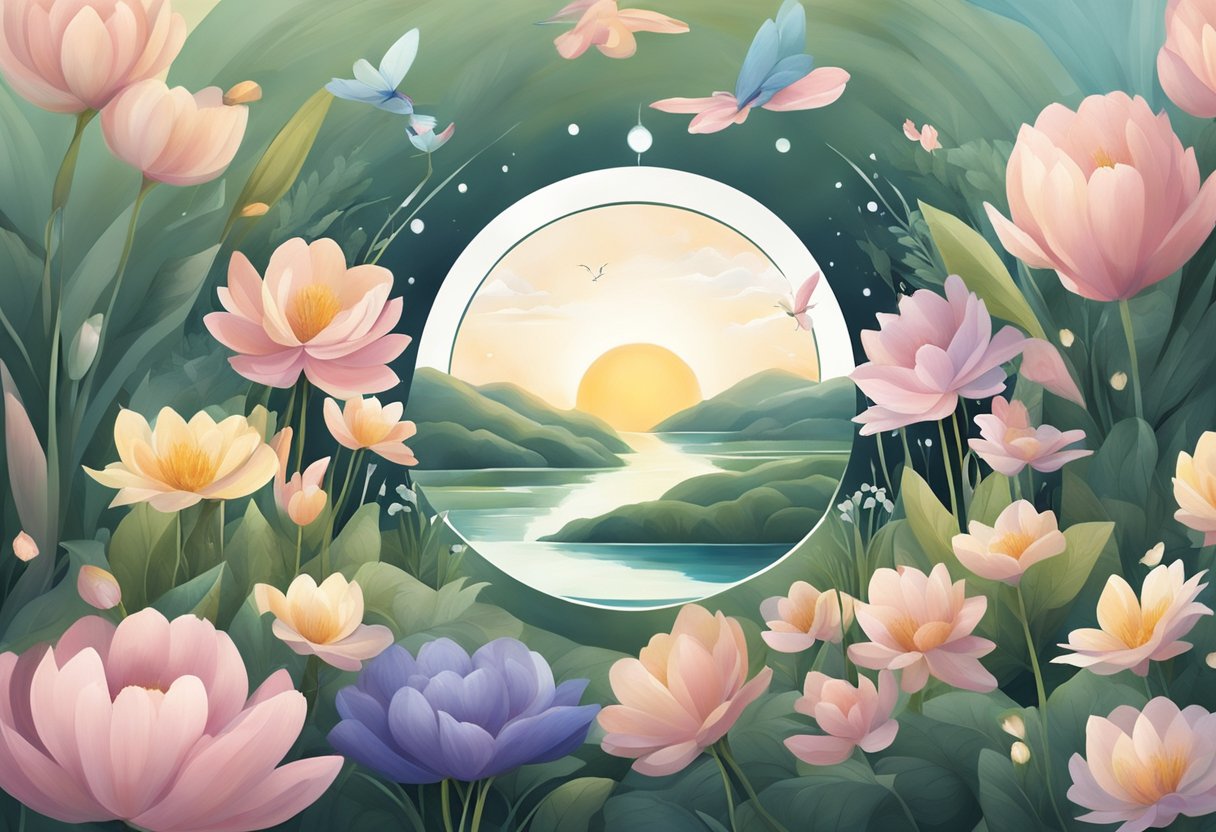 A digital illustration of a sunset over a lake inside a circle with the outside filled with colorful folwers and butterflies
