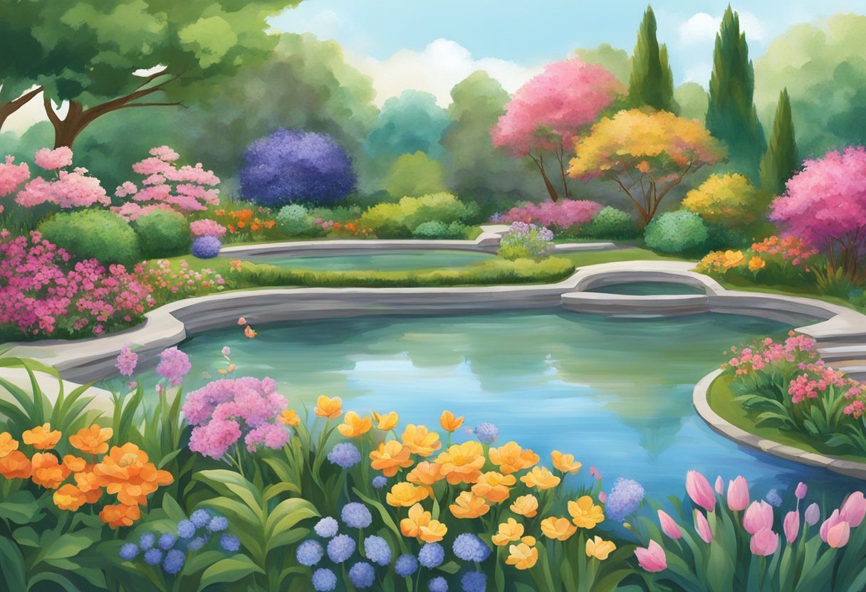 A digital illustration of a well manicured garden with multiple pools