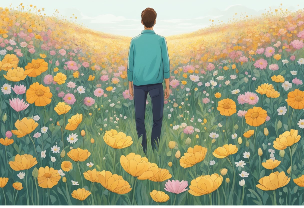 A digital landscape of a man standing in a field of flowers debating the future