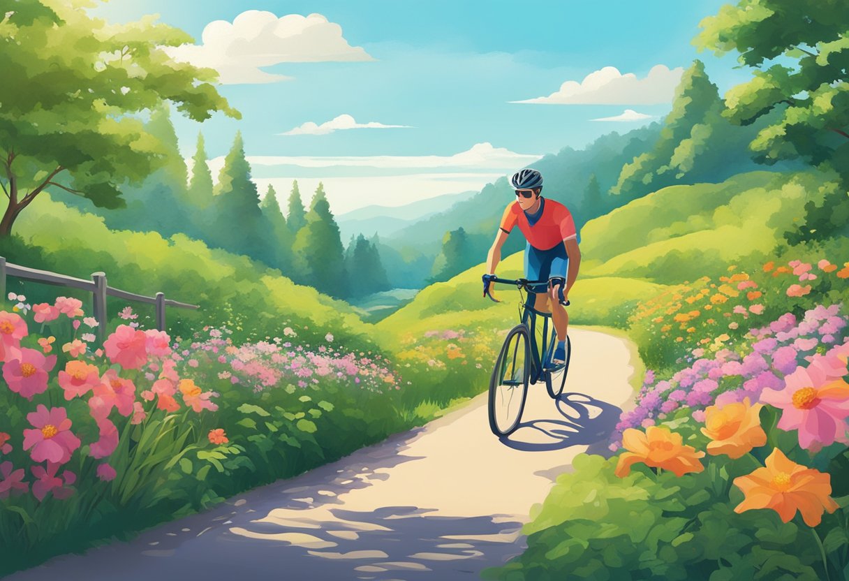 A digital illustration of a cyclist on a path through flowers in a forest
