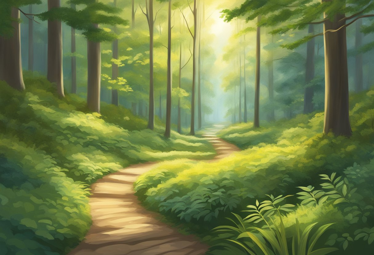 A digital illustration of a winding path through a forest with light creeping through the canopy.