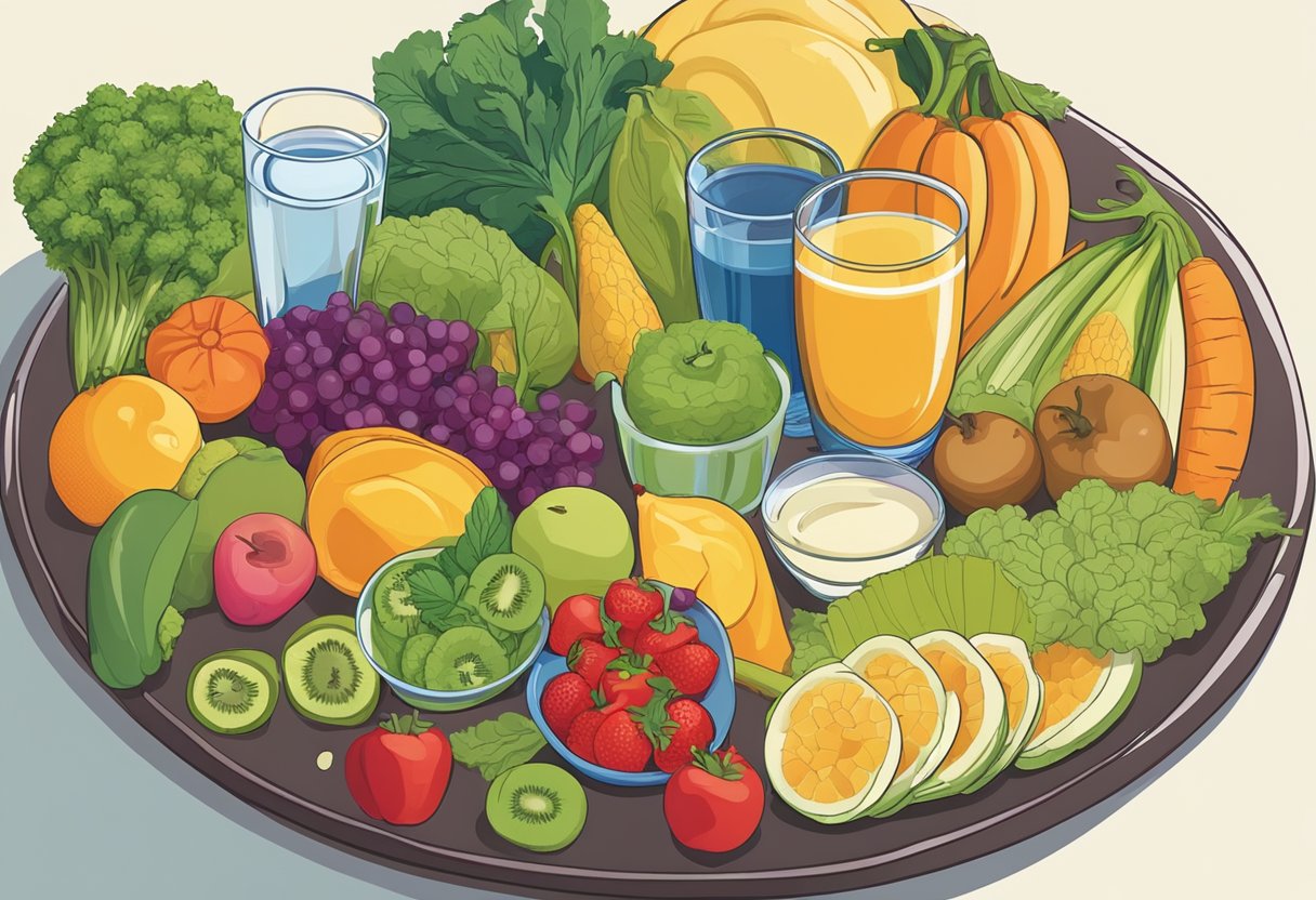 A digital illustration of a platter of yummy fruits, vegetables, and juices.