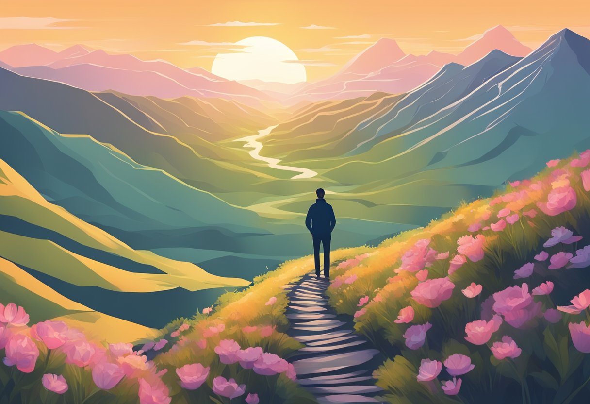 A digital illustration of the silloute of a man on a stone path overlooking a beautiful mountain valley during sunset.