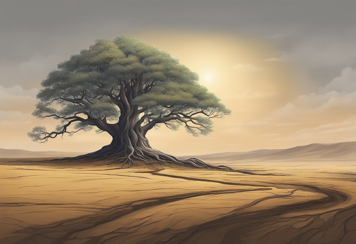 A digital illustration of an old growth tree in the middle of the desert