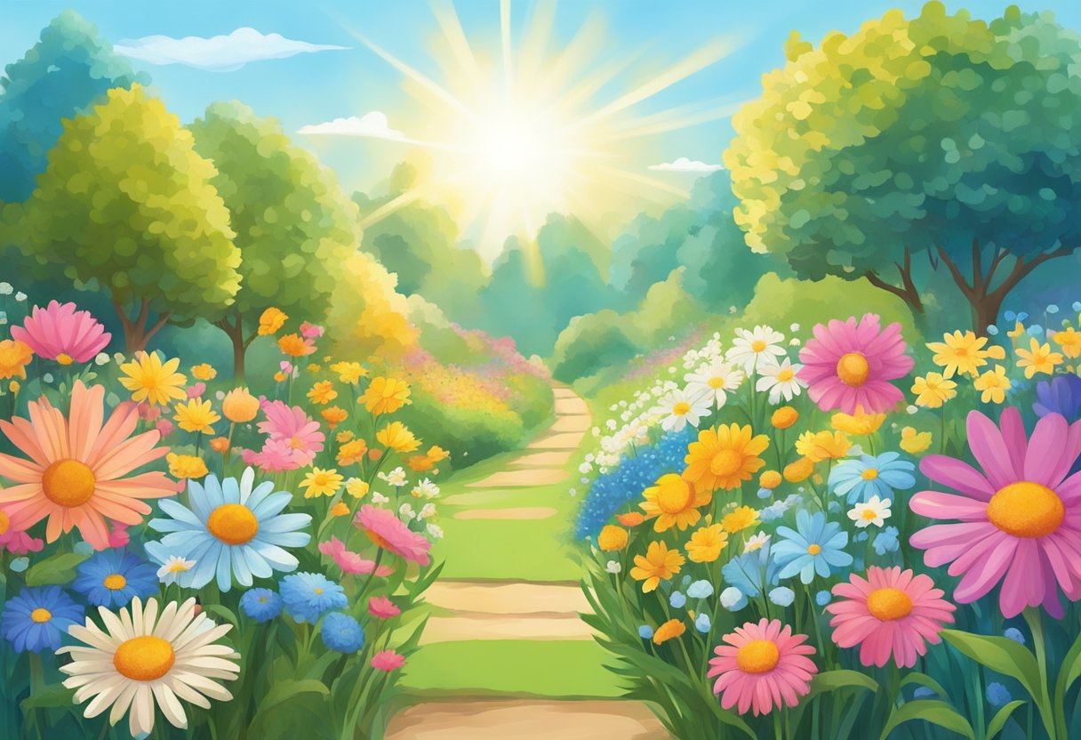 A digital illustration of a garden with a walk path in the center