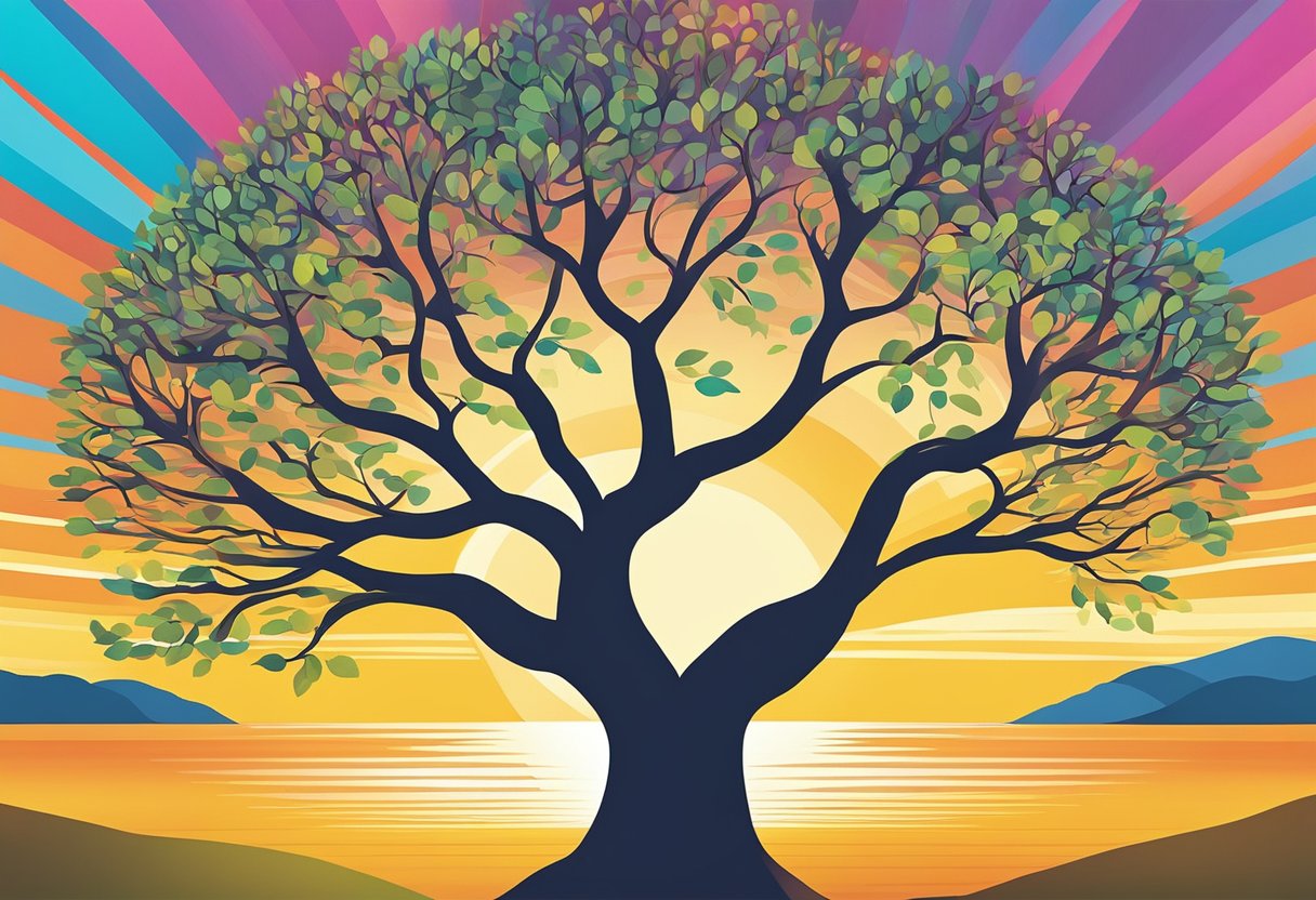 A digital illustration of a tree of life during a colorful sunset