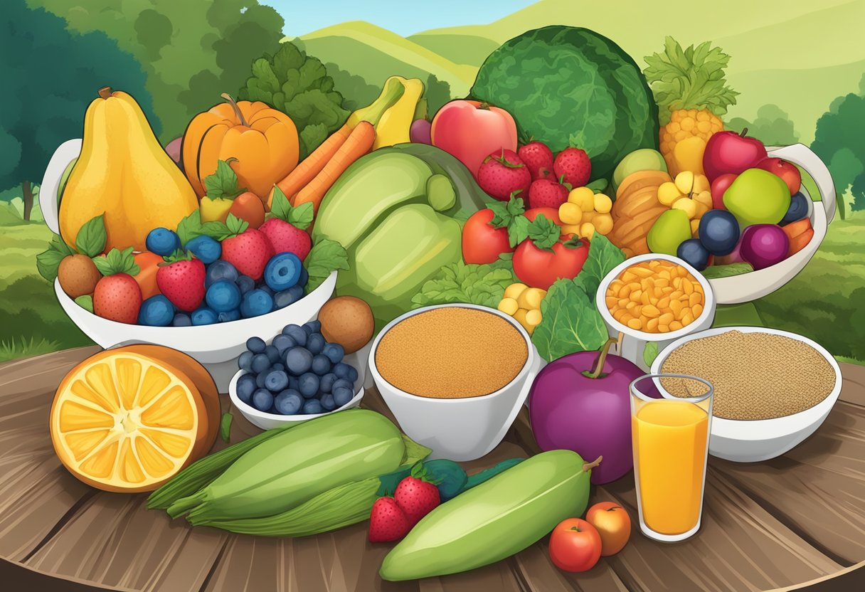 A digital illustration of a round farm table with many different fruits and vegetables.