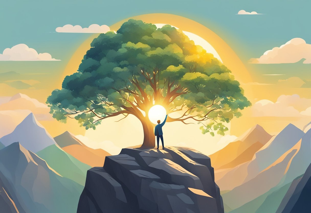 A stunning digital illustration captures the serene beauty of a man and a tree perched atop a majestic mountain, as the sun gracefully sets in the background.