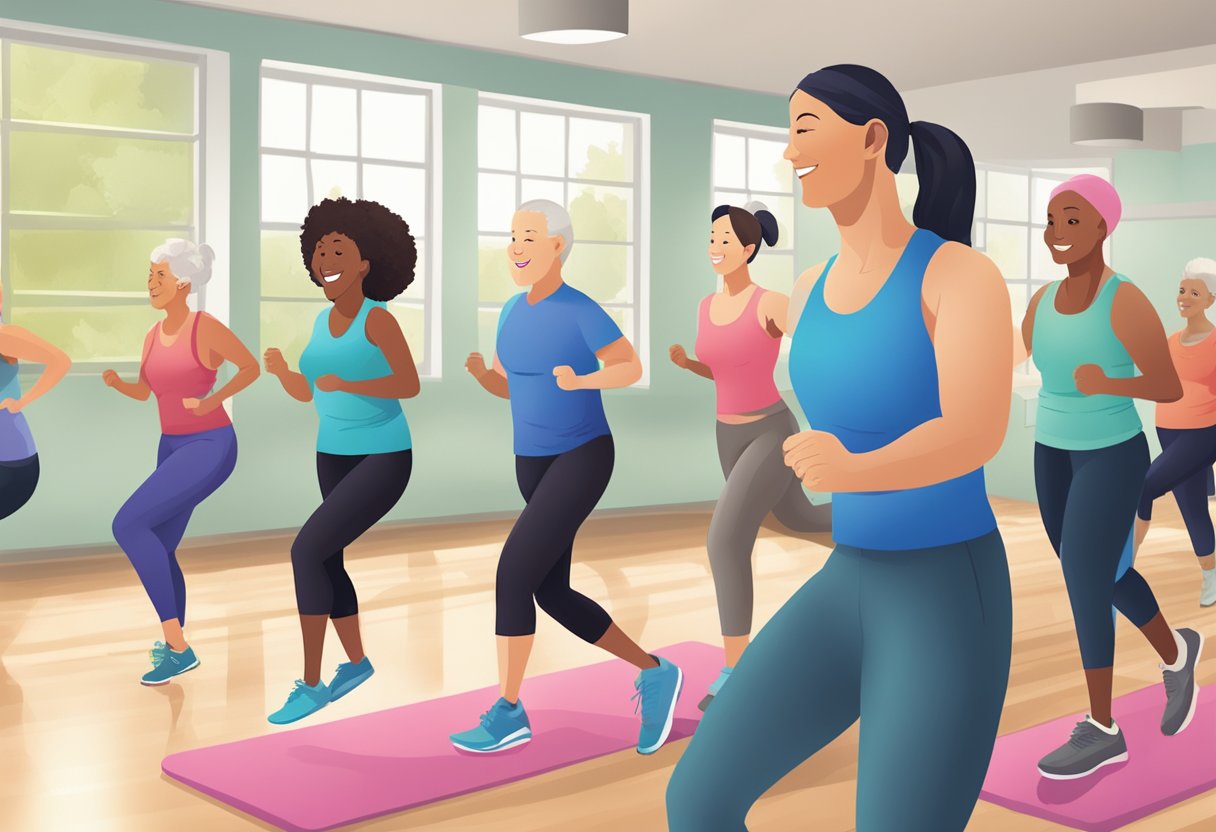 A digital illustration of of a group of women in a excersize class