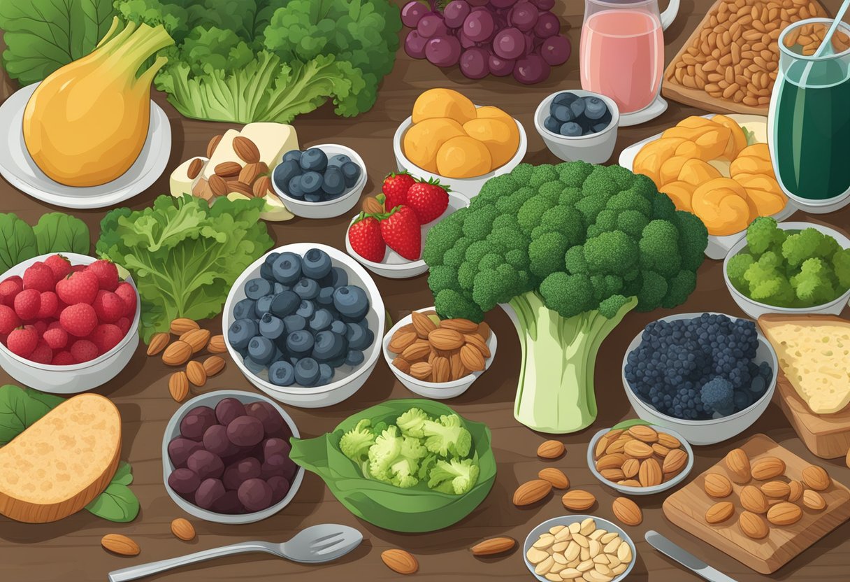 A digital illustration of a table full of fruits, vegetables, and juices.