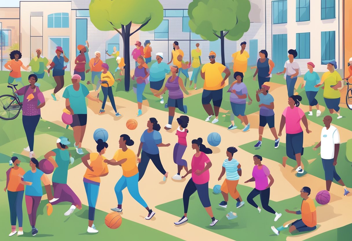 A digital illustration of a large group of people playing different sports outside in an urban park.