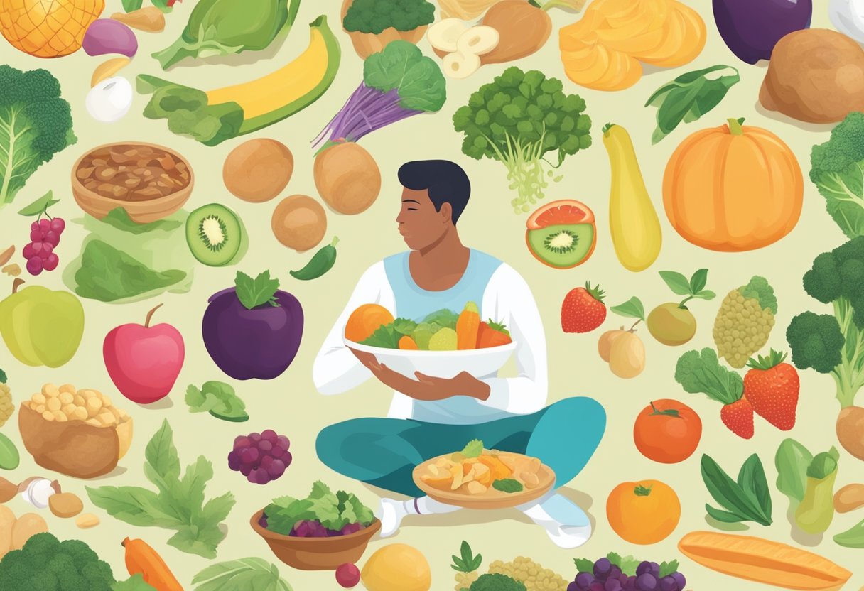 A digital illustration of a human surrounded by fruits and vegetables
