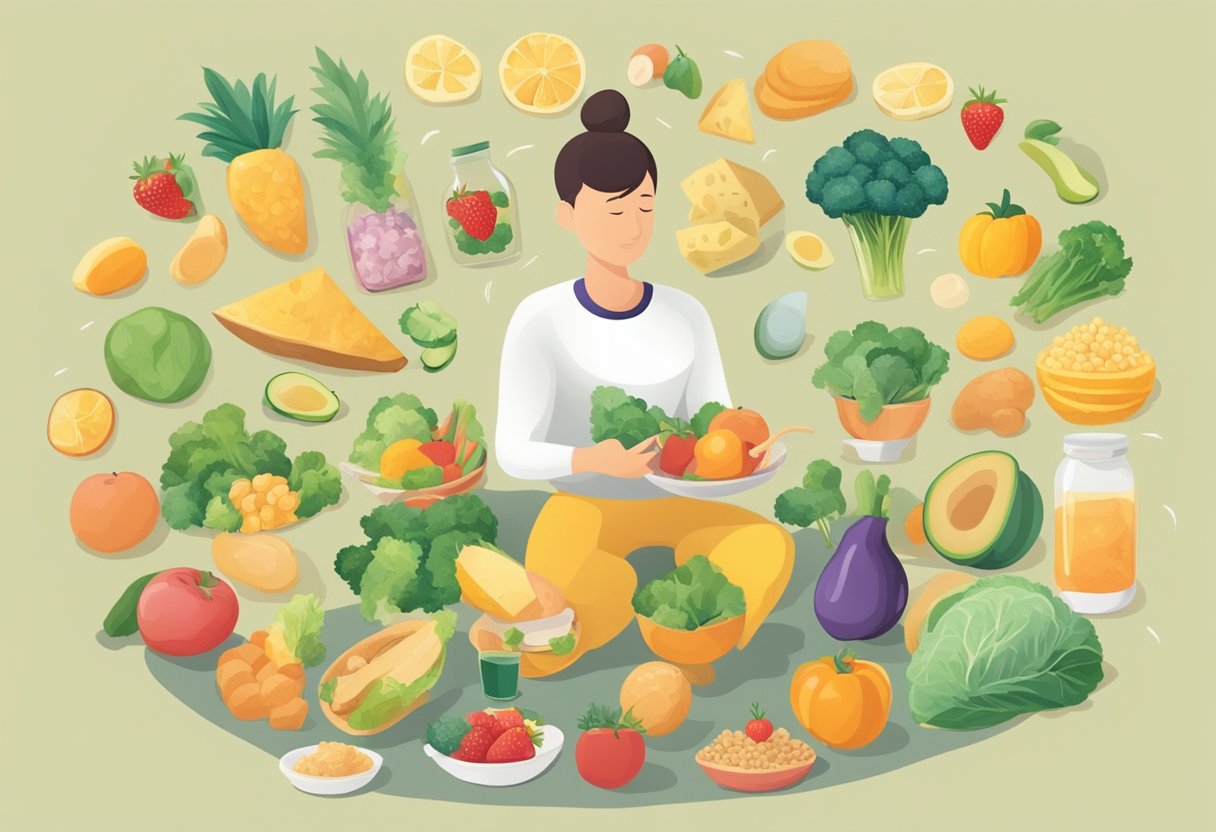 A digital illustration of a woman surrounded by many different fruits and vegetables.