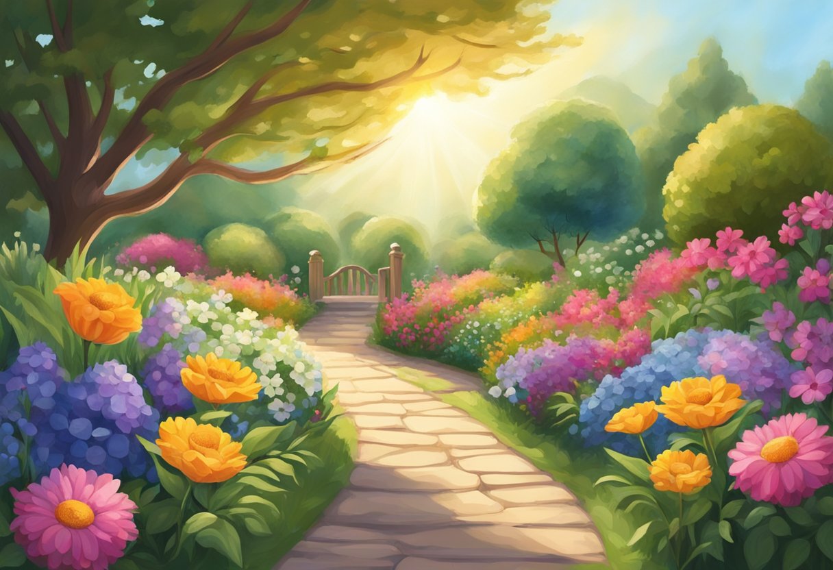A digital Illustration of a well manicured garden with a stone path through the middle