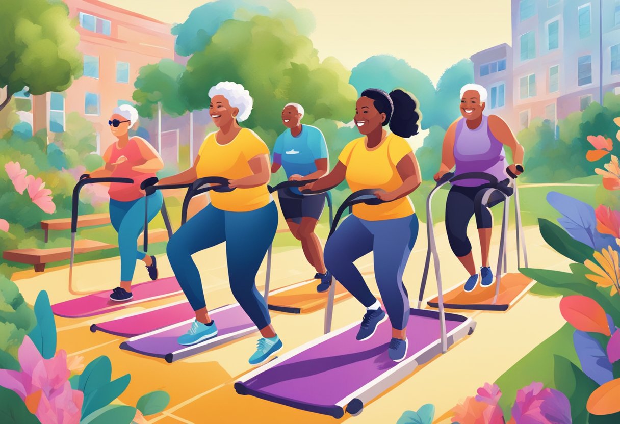 A digital illustration of a group of women on outdoor treadmills.