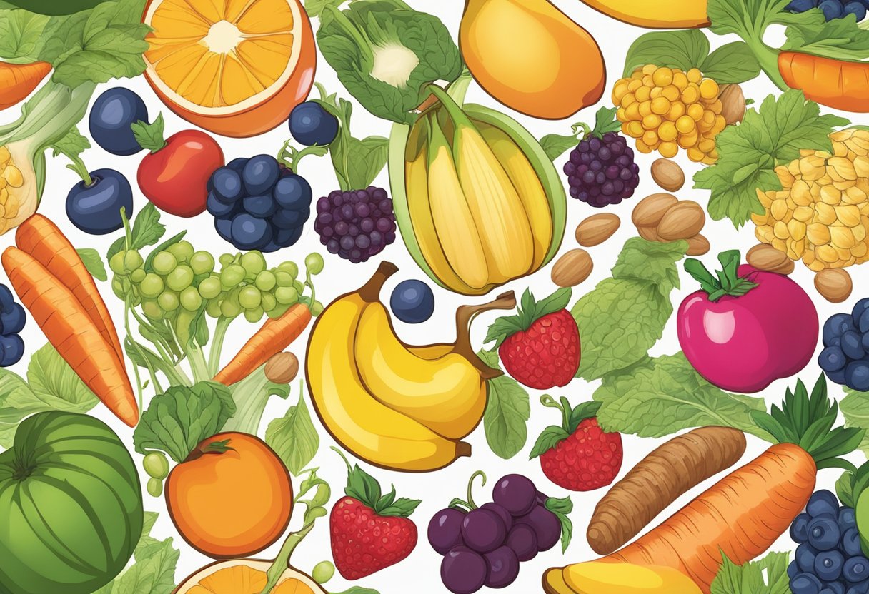 A digital illustration of many fruits, and vegetables.