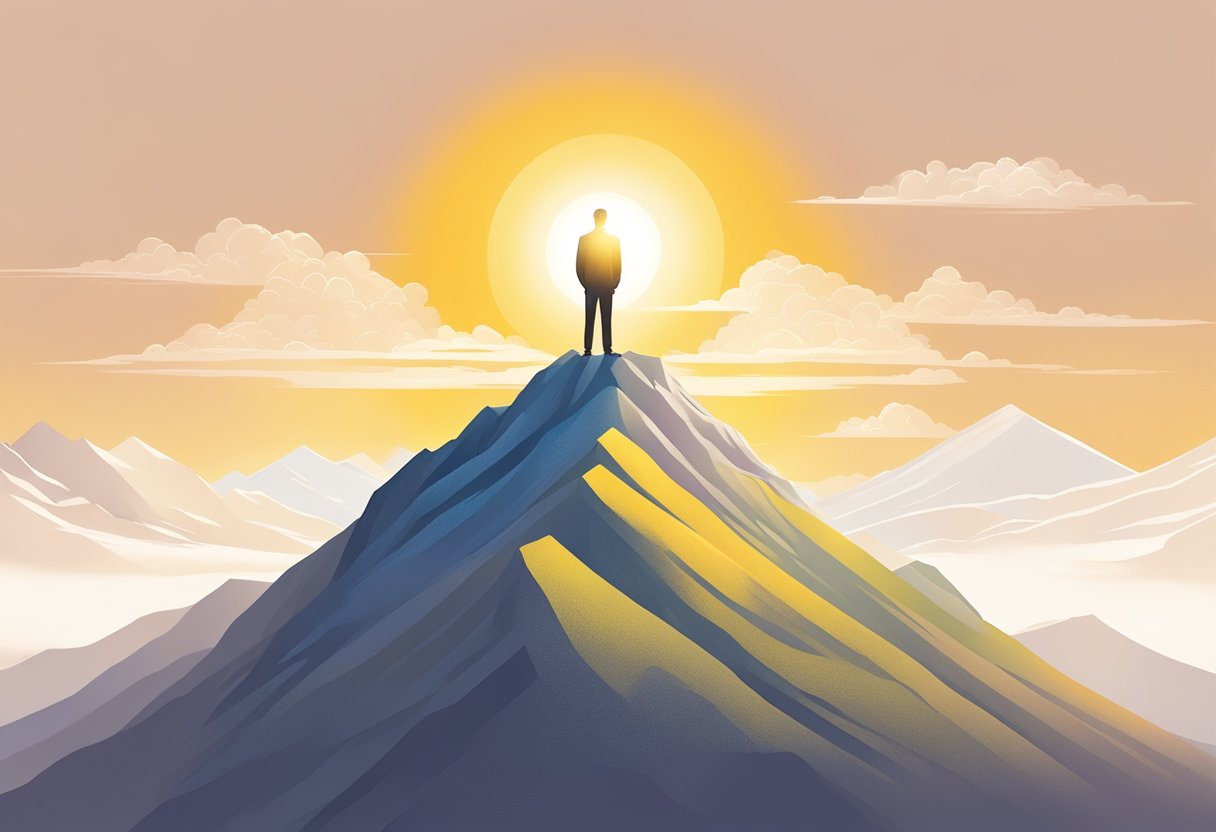 A digital illustration of a man on top of a mountain with the sun creating a perfect silhouette.
