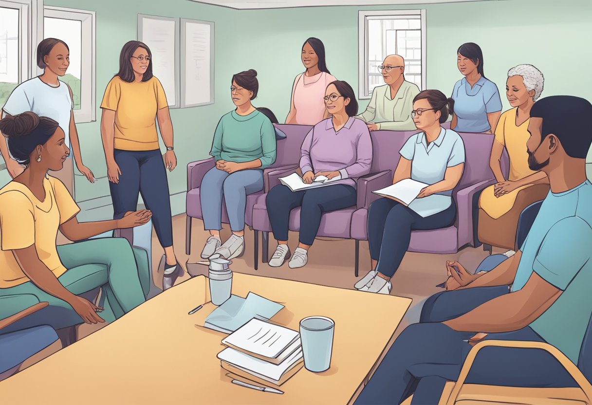 A digital illustration of a group of women at a live support group.