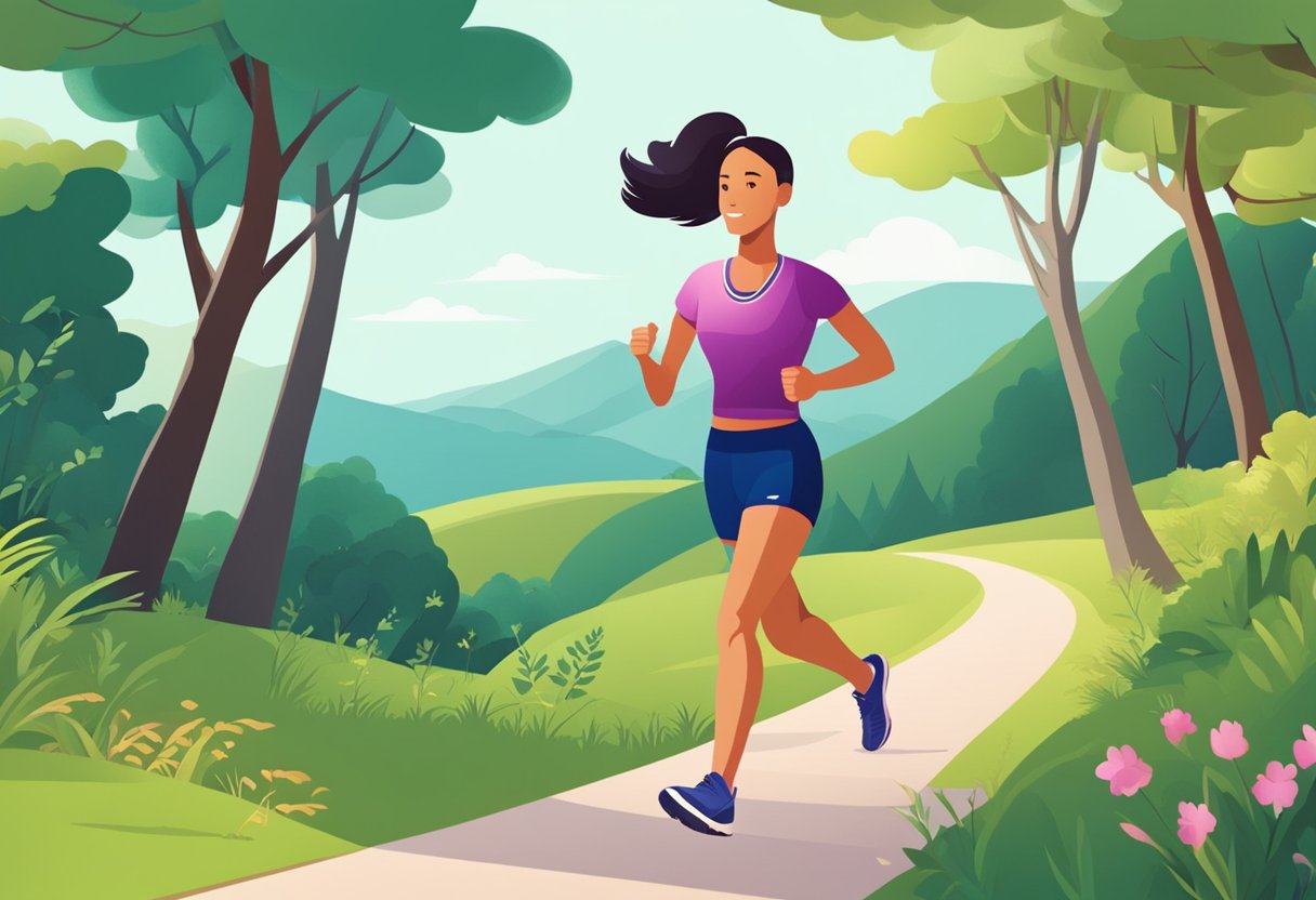 A digital illustration of a woman jogging on a path through a forest