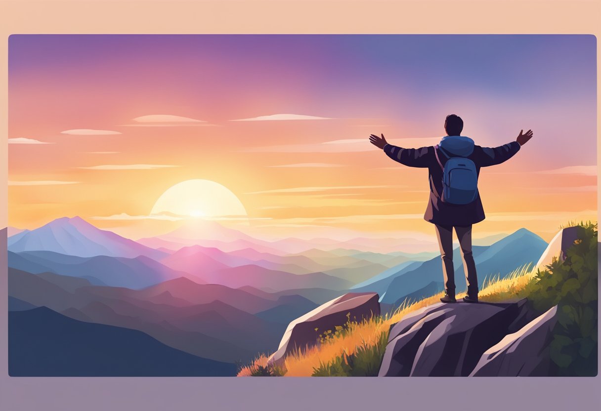 A digital illustration of a backpacker standing on a rock looking at layers of mountains during a sunset