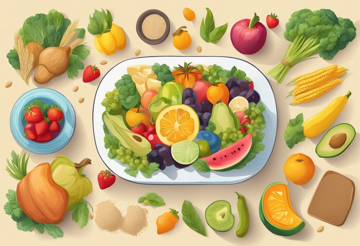 A digital illustration of a plate full of fruits and vegetables.