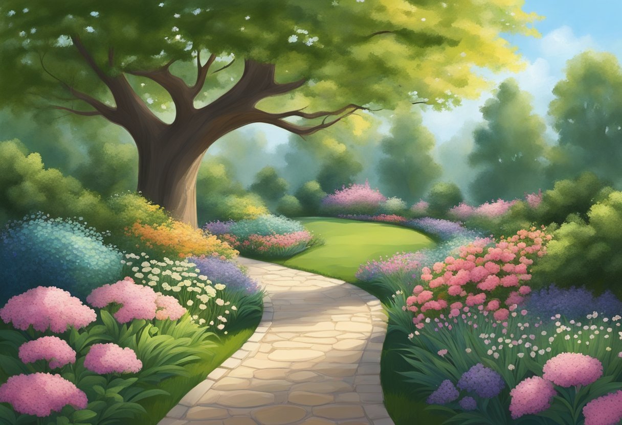 A digital illustration of a garden with a large tree and a stone path through the middle.