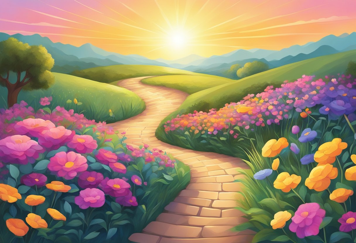 A digital illustration of a winding pathway through rolling hills with lots of colorful flowers at sunset