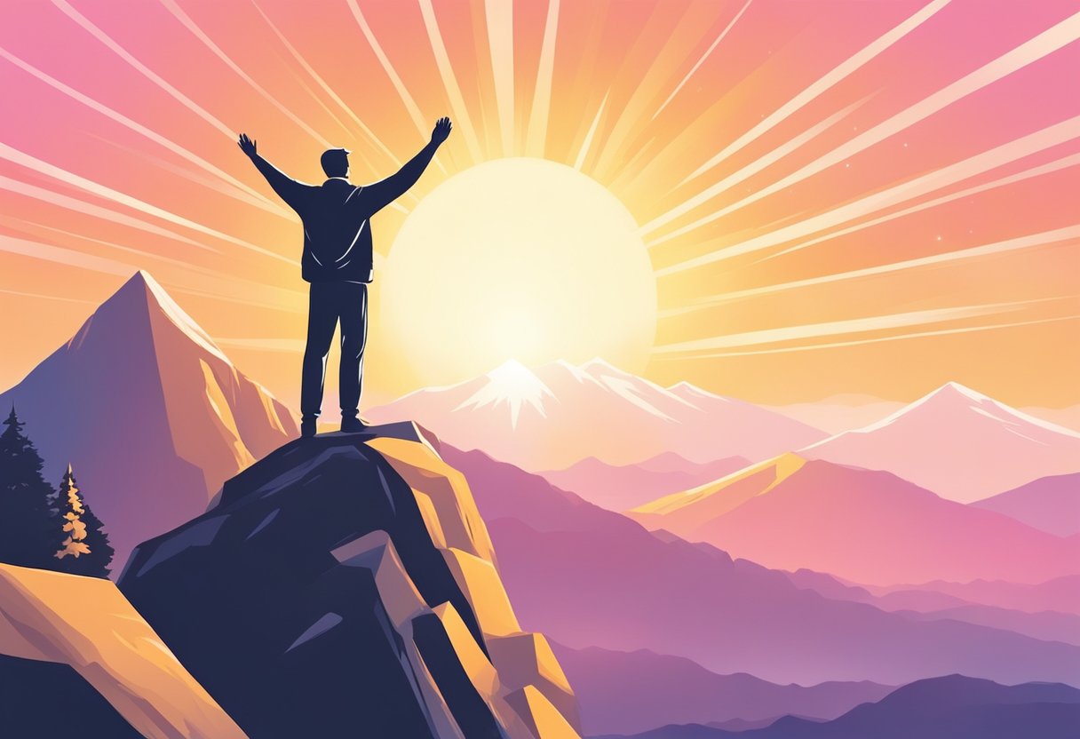 A digital illustration of a man with raised arms over looking a mountain valley at sunrise