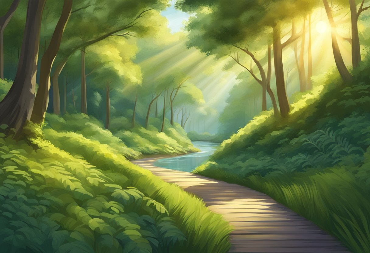 A digital illustration of a walking path through a dense forest with beams of sunlight raining through.