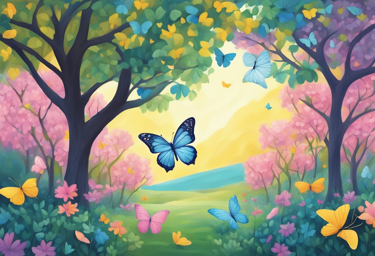 A digital illustration of trees and butterflies