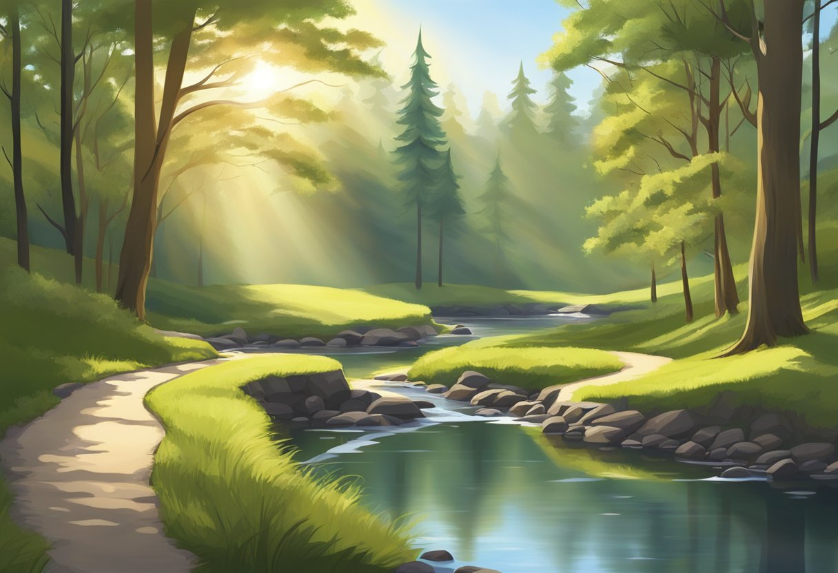 A digital illustration of a walking path along side a river in a forest.